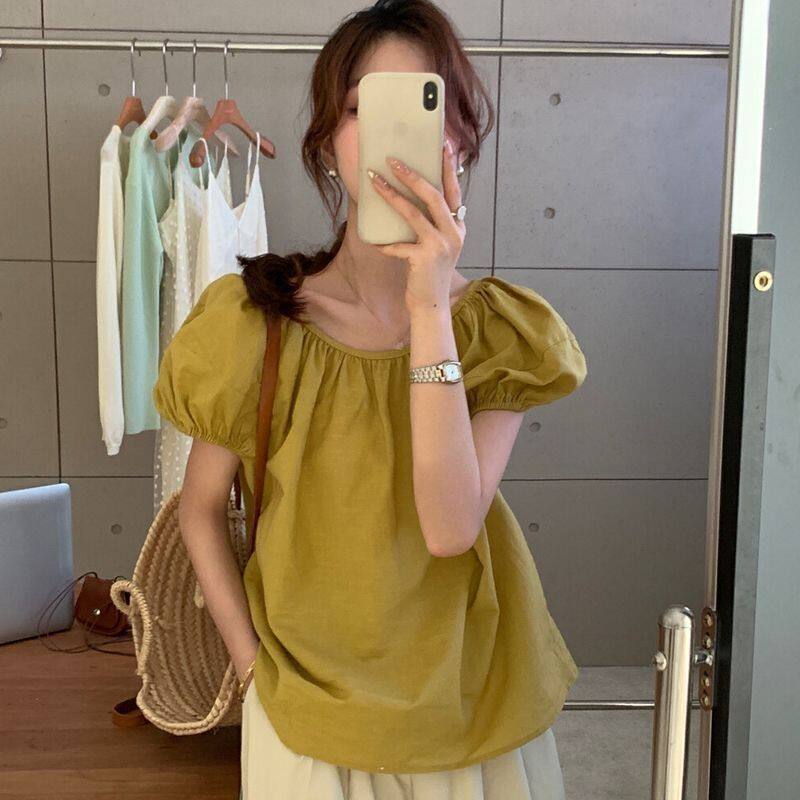 小个子韩系简约泡泡袖宽松衬衣女夏季休闲娃娃衫短袖上衣宽松大码