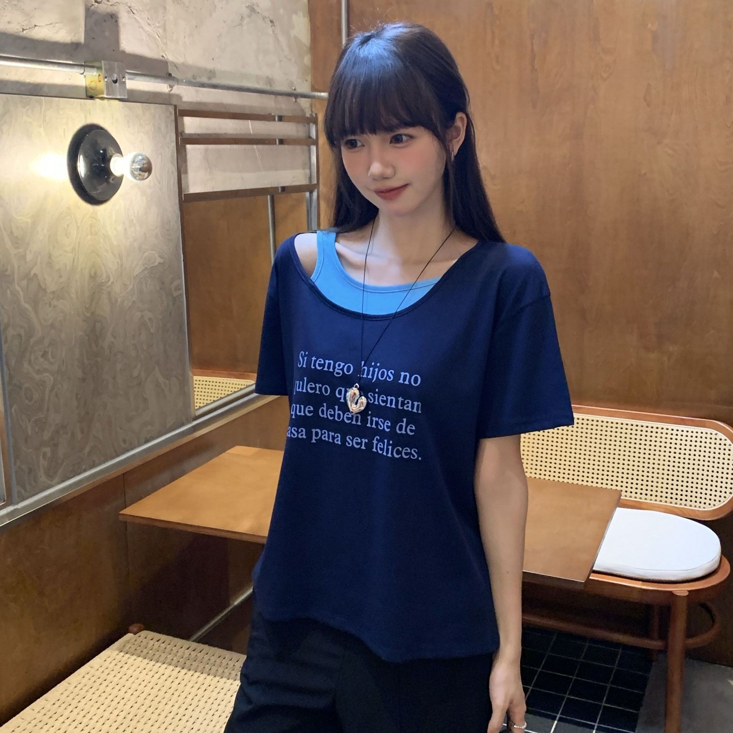 字母印花假两件短袖t恤女夏季2026新款显瘦宽松镂空大码300斤上衣