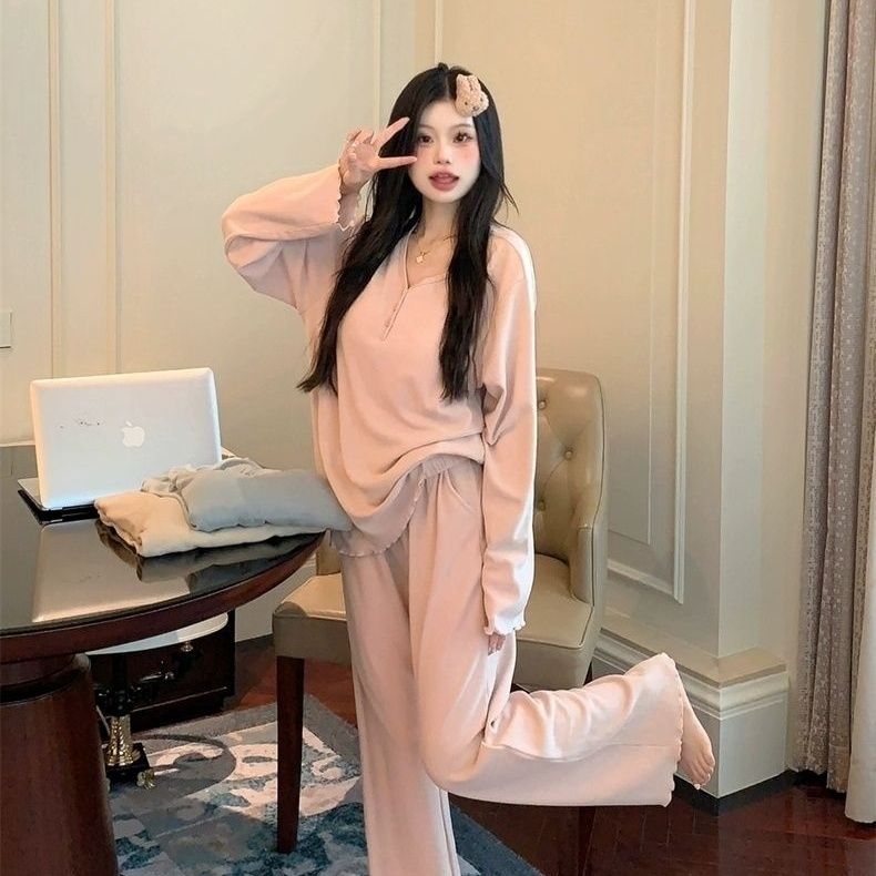 德绒睡衣女装秋冬简约纯色V领长袖长裤可外穿家居服套装大码300斤