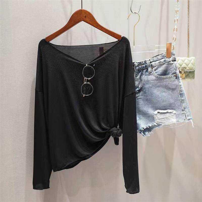 大码300斤宽松长袖套头T恤女装薄款透视罩衫防晒沙滩面膜休闲上衣