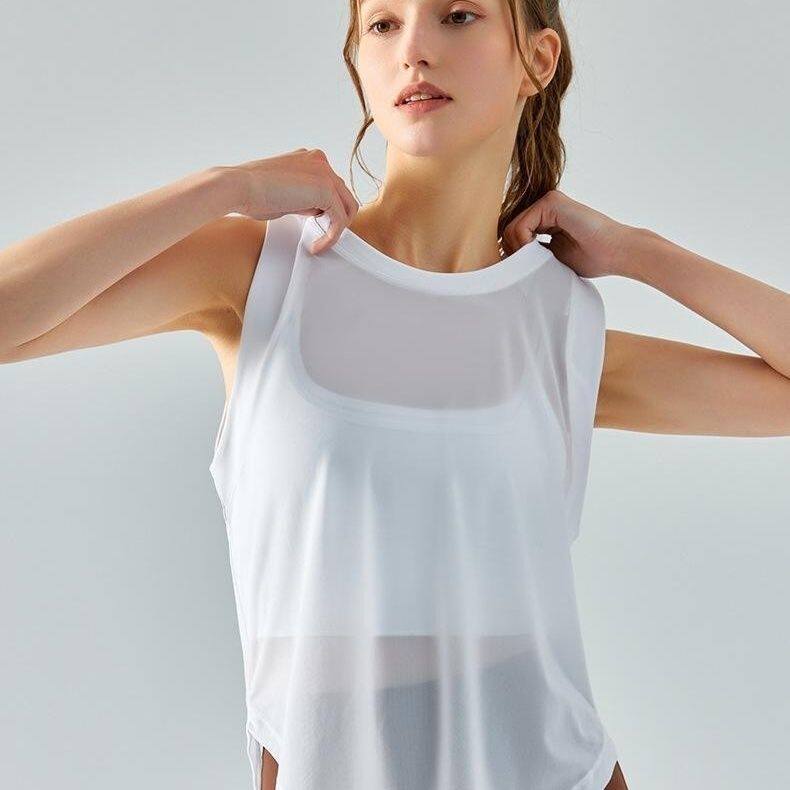 大码300斤网纱拼接瑜伽背心女夏宽松运动薄款透气速干罩衫健身服