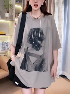 中长款t恤女士遮屁股夏季新款大码300斤宽松洋气休闲短袖体恤上衣