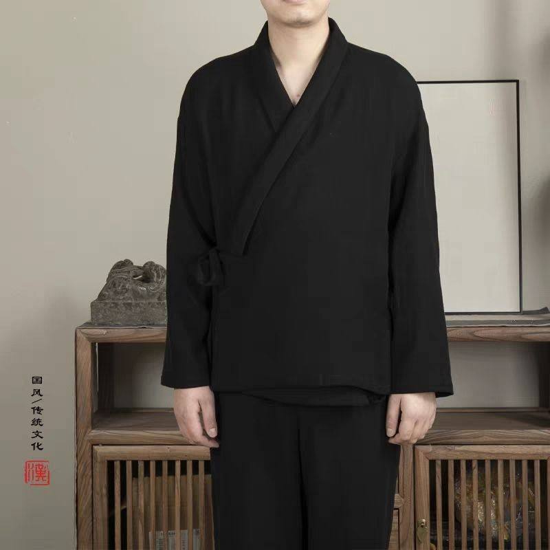 新中式交领衬衫男女斜襟系带右衽汉服德绒秋冬居士禅意服上衣大码