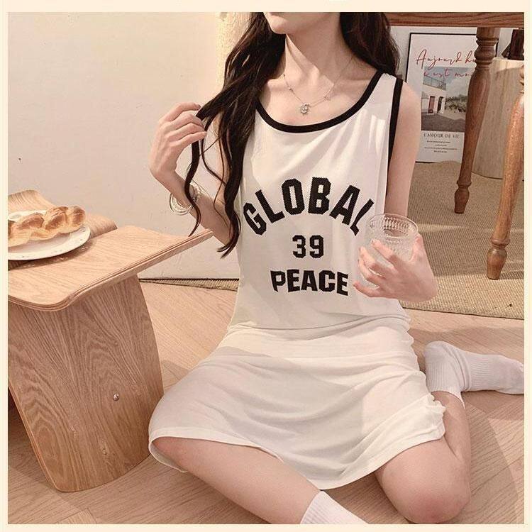 大码300斤睡裙女夏季新款冰丝无袖背心吊带可外穿撞色运动家居服