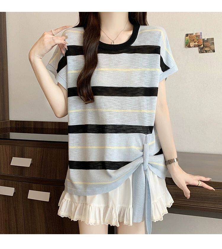 大码300斤遮肚子条纹薄款微透绑带t恤女夏季胖mm别致宽松显瘦上衣