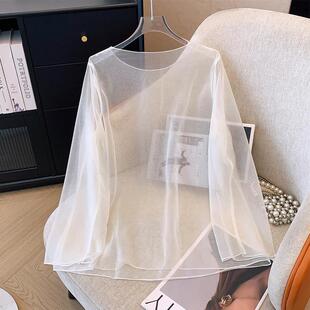 网纱长袖T恤性感防晒罩衫上衣外搭女春夏秋季宽松设计感大码300斤