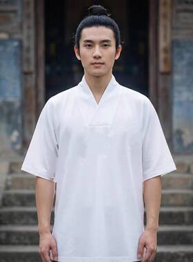 汉服新式道服打底衫禅修服中国风仙气唐装上衣冰丝短袖大码300斤