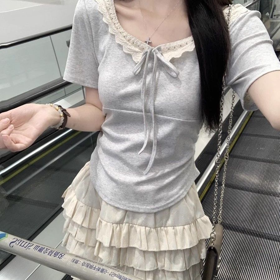 大码微胖蕾丝短袖T恤女夏季新款胖MM遮肉显瘦体恤百搭设计感上衣