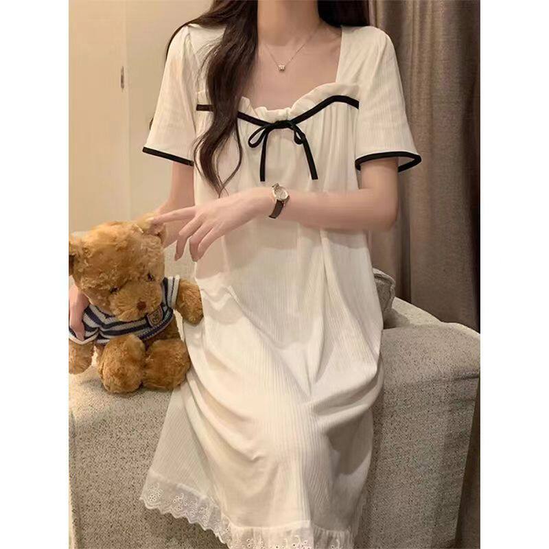 大码300斤短袖睡裙蕾丝花边女夏季甜美学生宿舍家居服可外穿长裙