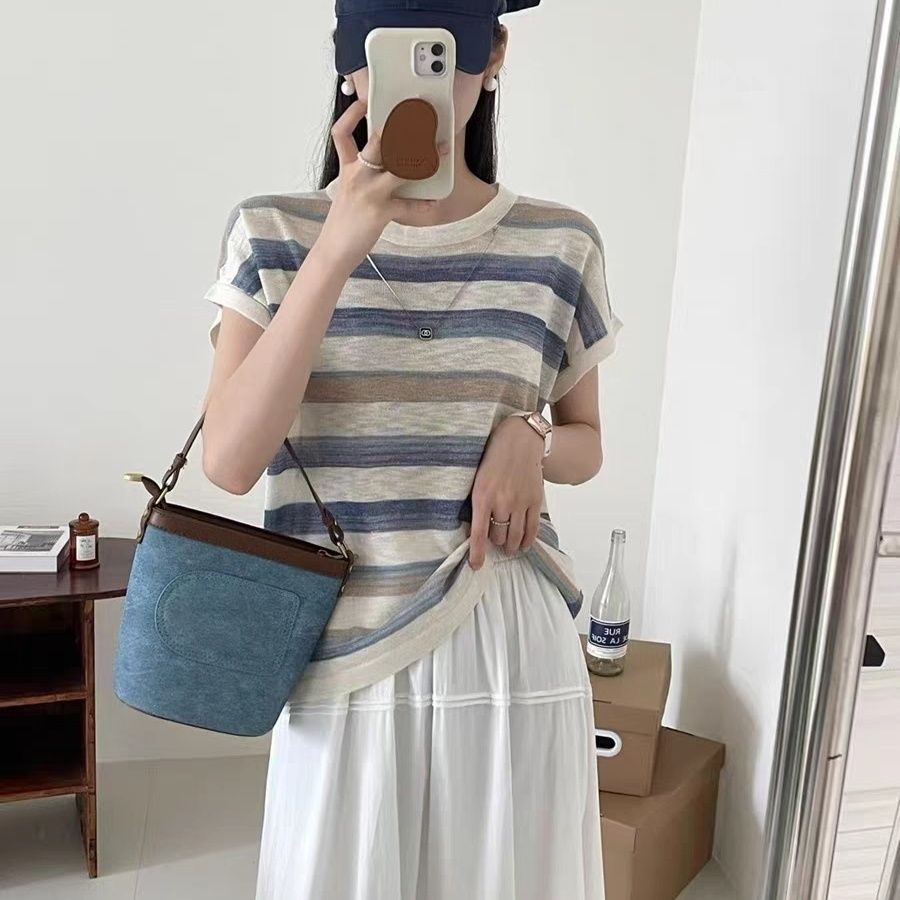 2025夏季新款韩版圆领条纹短袖T恤女士宽松百搭上衣薄款大码300斤