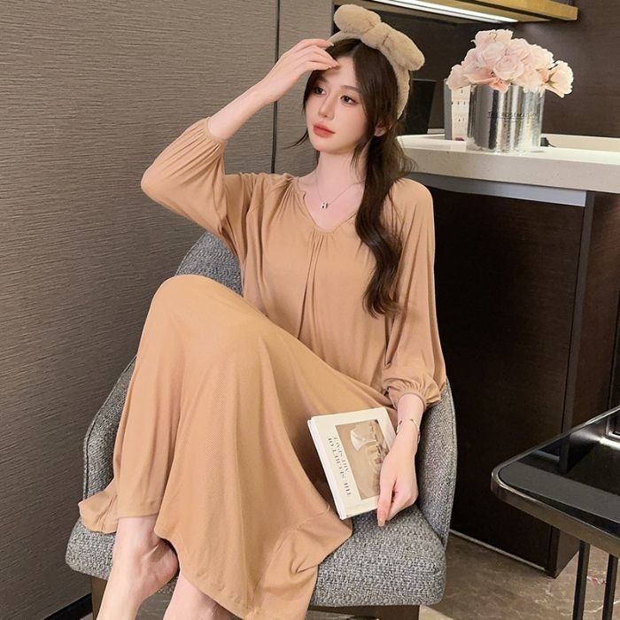 夏季甜美睡裙大码300斤性感休闲睡衣胖MM家居服长款连衣裙七分袖