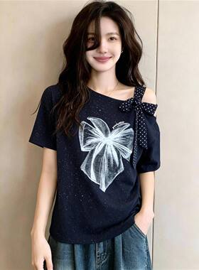 大码300斤印花点点蝴蝶结短袖t恤女夏季胖mm显瘦露肩减龄时尚上衣