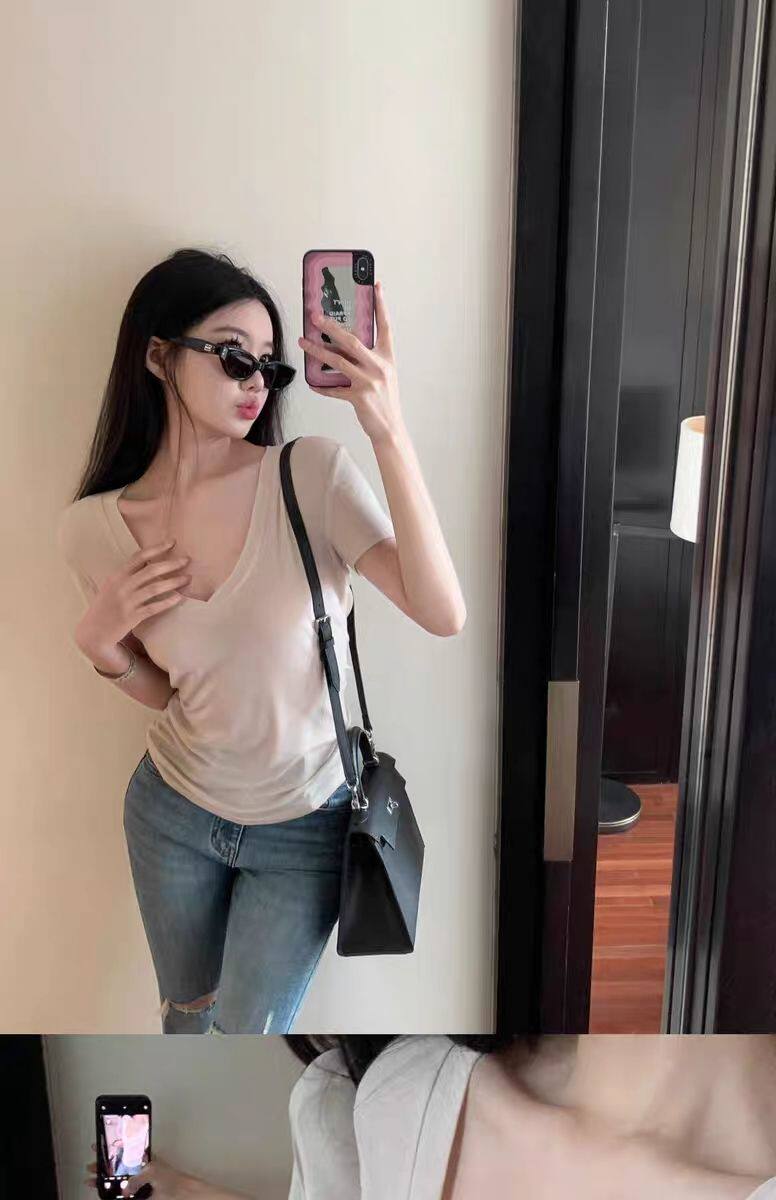 纯欲风辣妹子低领茶艺风女夏季V领罩衫面膜上衣短袖t恤大码300斤