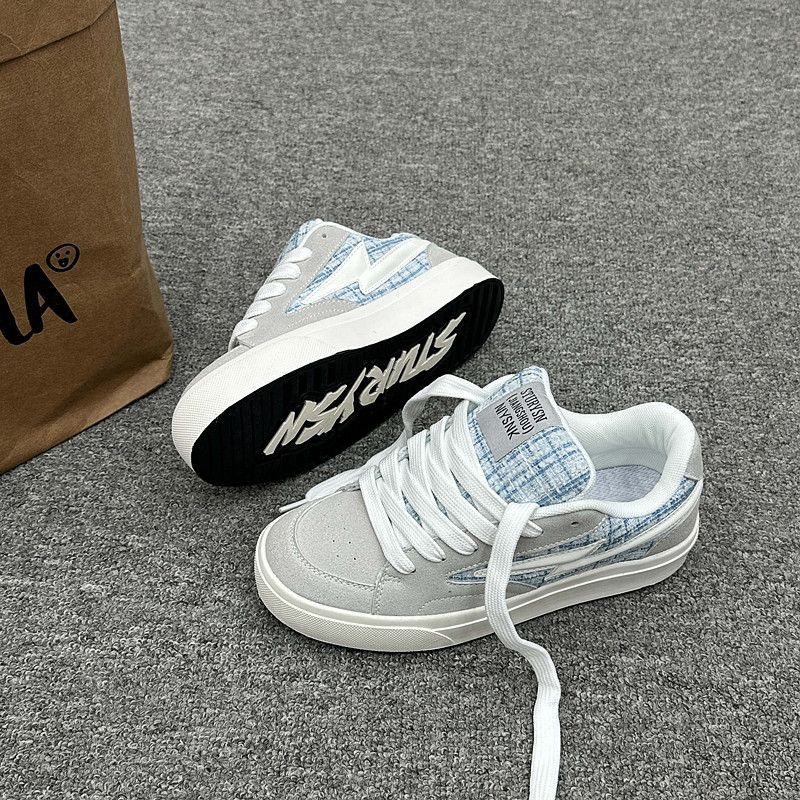 2026新款浅蓝小香风拼色板鞋ins情侣小众格纹男女百搭休闲面包鞋,流行男鞋,休闲板鞋,淘宝优惠券,粉丝福利购,淘宝优惠卷