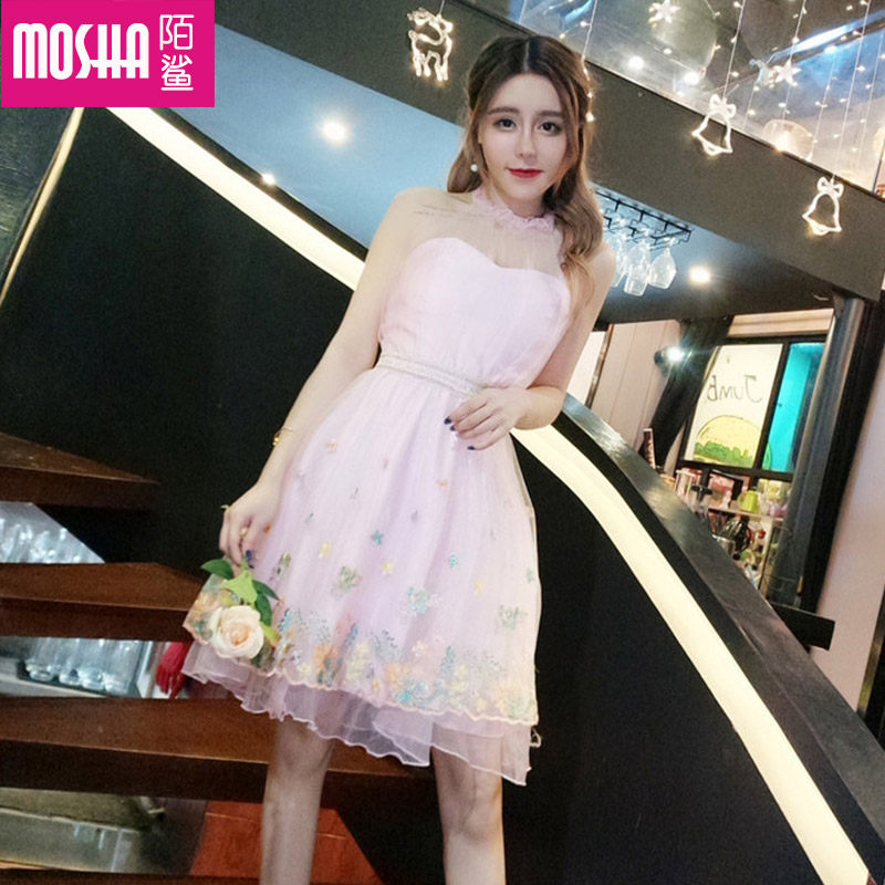 仙女裙chic温柔小个子蓬蓬连衣裙夏清新显瘦收腰露背夜总会公主裙