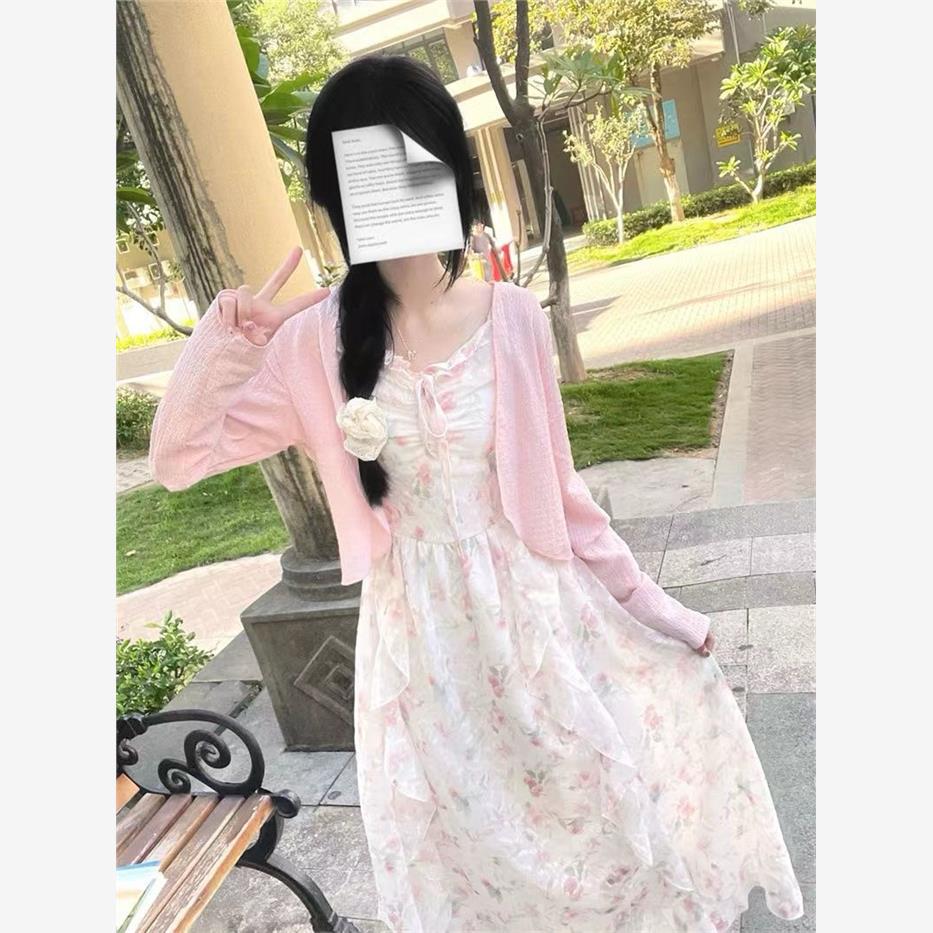 小清新碎花吊带裙女2025春夏新款荷叶边开衫收腰长款连衣裙两件套
