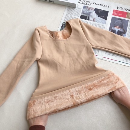 秋冬厚绒肤色隐形长袖保暖舞蹈演出服内搭锁骨打底衫U领修身贴身