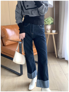 翻边牛仔裤女2020秋冬新款高腰深色显瘦韩版chic牛仔直筒裤长裤潮
