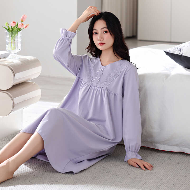 春秋季新款女士睡裙纯棉大码长袖中长款宽松甜美公主风薄款连衣裙