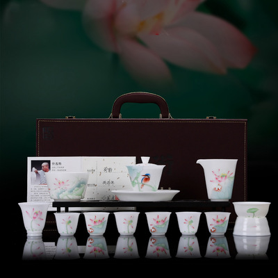 曾逸腾大师级手绘素烧冰种羊脂玉荷韵功夫茶具套装家用轻奢礼盒装