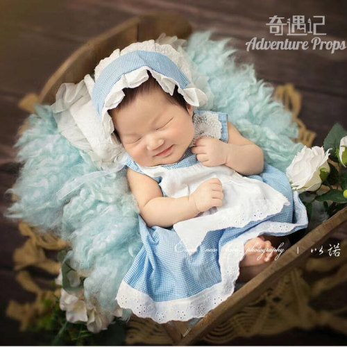 蓝色系新生儿摄影道具宝宝裙子爱丽丝女佣服公主蓬蓬裙影楼满月照