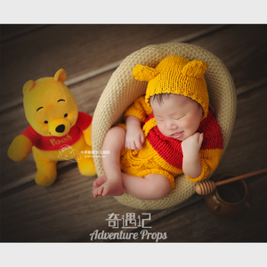 手工编织宝宝摄影服装影楼主题小熊帽子维尼连体衣新生儿摄影道具
