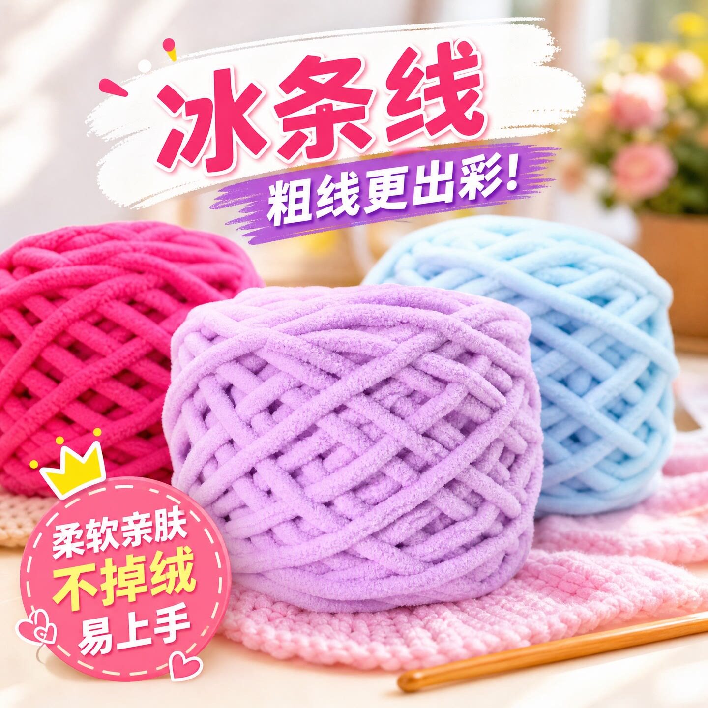 毛线团冰条线超粗围巾手工diy自织围脖大团钩拖鞋专用线单股毛线