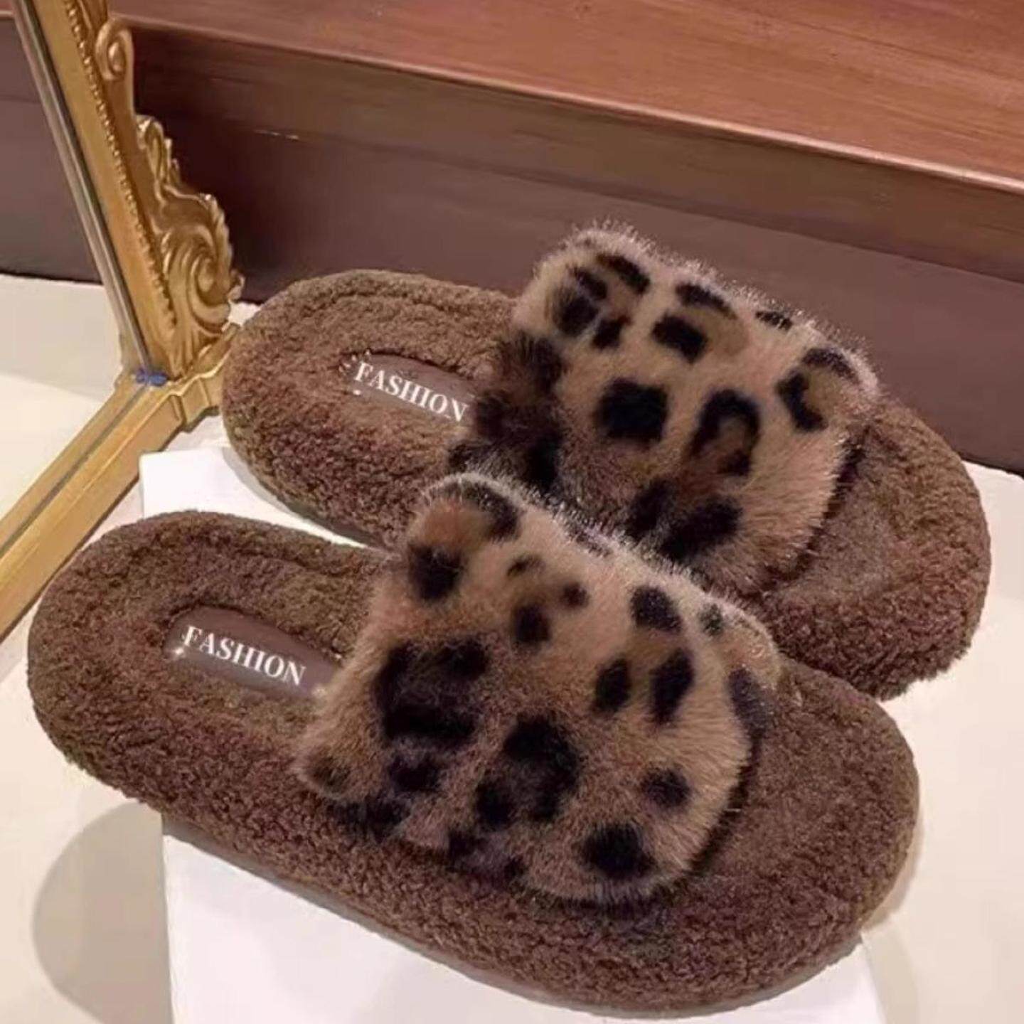 网红豹纹毛毛拖鞋时尚百搭女外穿一字拖潮鞋厚底毛茸茸拖鞋秋冬季