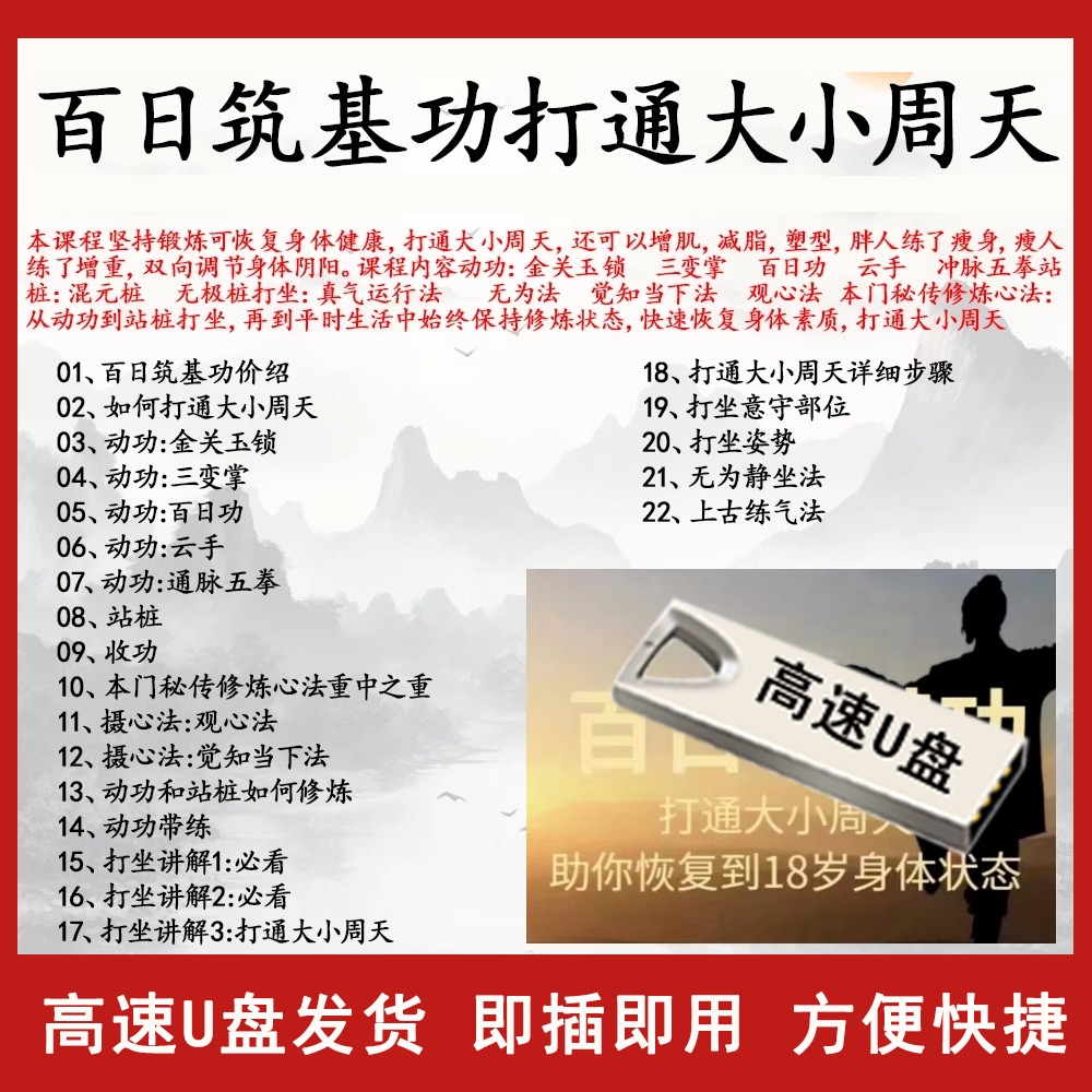 U盘百日筑基功打通大小周天动功通脉秘传心法打坐养生视频优盘
