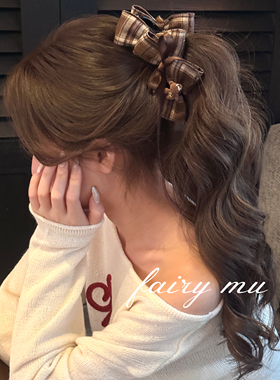 板栗小熊格纹香蕉夹竖夹子蝴蝶结飘带发夹女后脑勺抓夹高马尾发卡