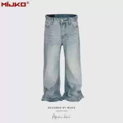 Mijko Men's and Women's American Retro Jeans, Washed and Faded, Unisex, Water Ripple High Street Straight-Leg Pants