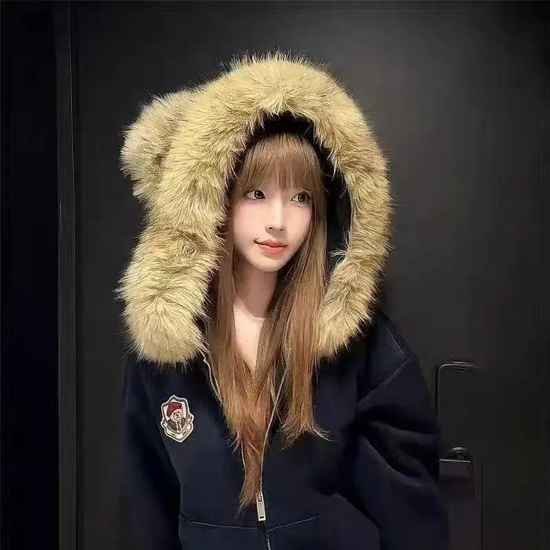 加绒银狐绒国潮毛领连帽卫衣女秋冬新款加厚宽松慵懒开衫外套