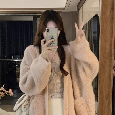 韩系奶fufu慵懒水貂绒毛衣外套女秋冬加厚粉色毛绒软糯针织开衫AP