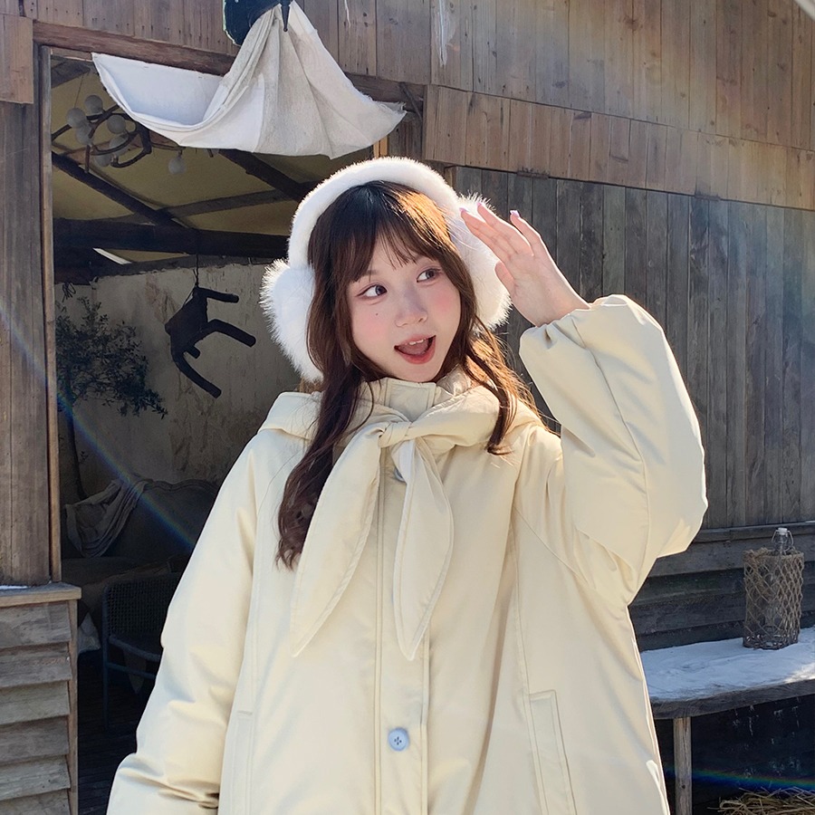 木茶MUCHA 奶黄小兔 长款棉衣棉服女冬季保暖加厚宽松外套-