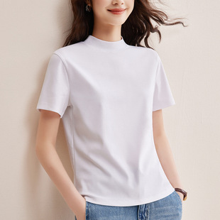 后中线T恤女2026春夏丝光棉短袖中领内搭外穿宽松半高领立领上衣