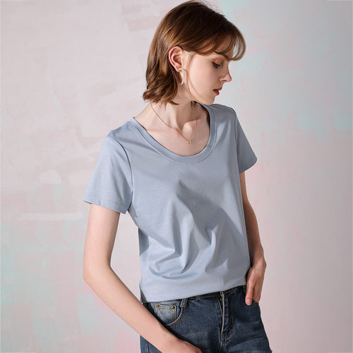 2025新款桑蚕丝丝光棉T恤女夏宽松版大圆领u领短袖打底衫纯色上衣