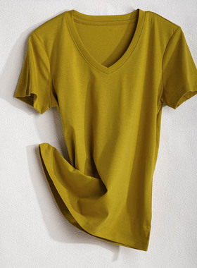 202180支双面丝光棉V领短袖T恤女宽松有光泽精梳棉打底衫多色70