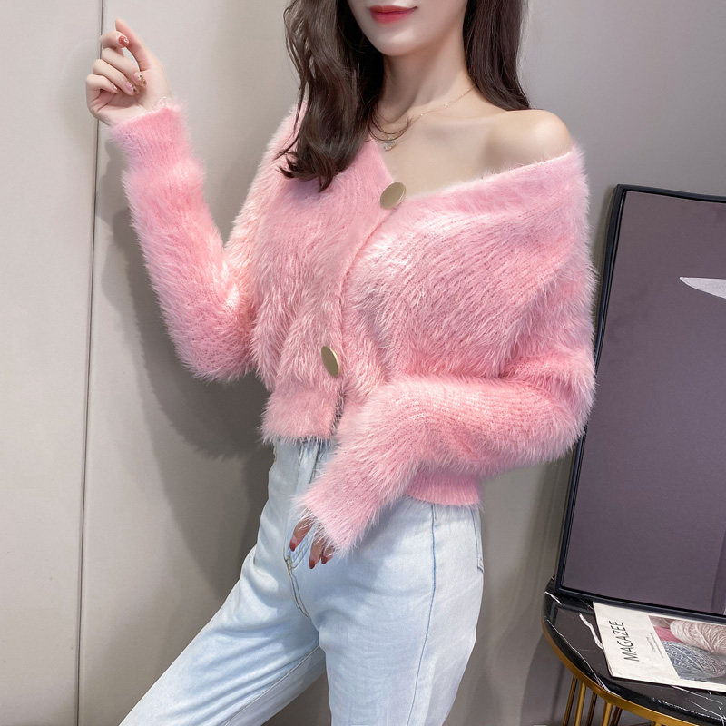 粉色水貂狨马海毛毛衣女2025年新款爆款法式v领短款外穿针织开衫