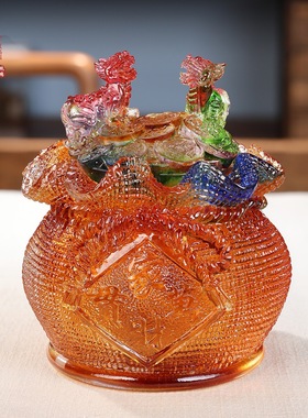 琉璃家财万贯聚宝袋钱袋貔貅聚宝盆招财摆件客厅风水玄关装饰品