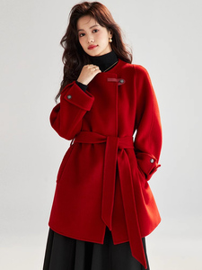 双面羊绒大衣女秋冬季2023新款高级感小个子红色高端羊毛毛呢外套