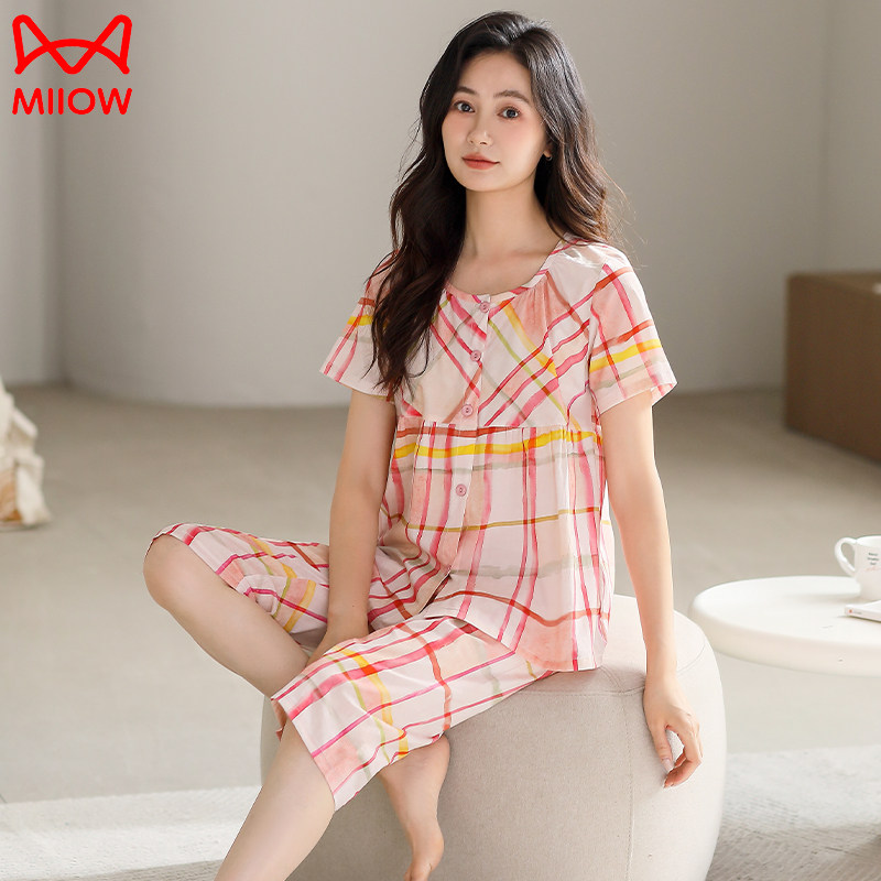 莹柔睡衣女款春夏季纯棉短袖七分裤2025新款格子外穿家居服两件套