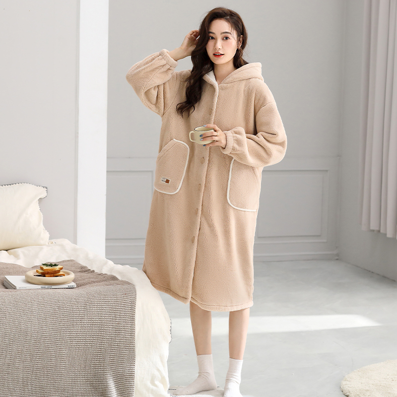 猫人睡袍美狐绒女士加绒加厚保暖