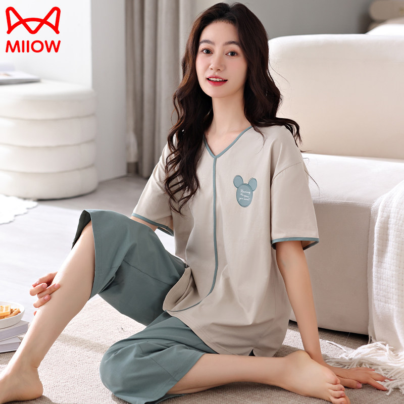 莹柔睡衣女款春夏季纯棉短袖七分裤薄款2025新款可外穿简约家居服