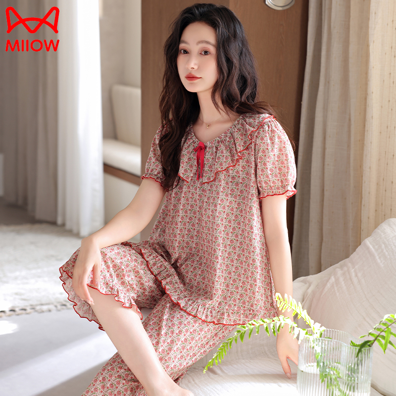 猫人睡衣女春夏季纯棉短袖七分裤套装薄款休闲大码家居服甜美碎花