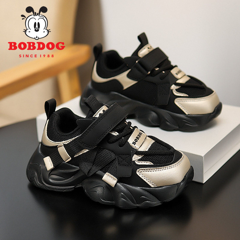 巴布豆女童鞋子春秋季2025新款网面透气女孩老爹鞋黑色儿童运动鞋