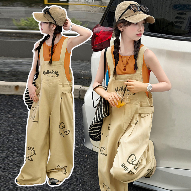 女童背带裤夏季新款2026儿童夏天薄款中大童纯棉水洗工装阔腿裤潮