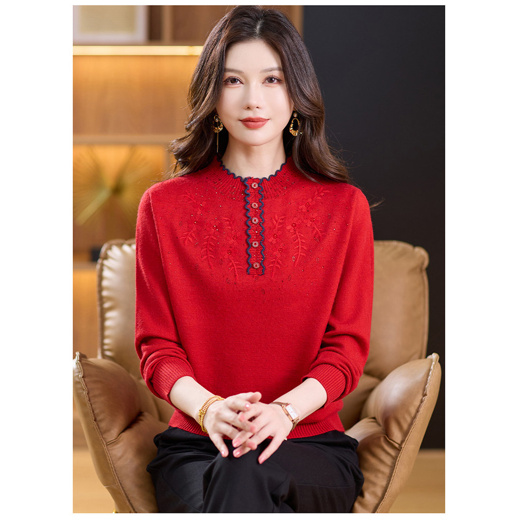 羊毛衫女秋冬季新款红色毛衣中年毛针织衫