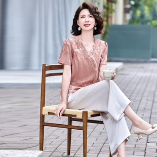 中老年女气质减龄上衣短袖 年轻妈妈夏装 新款 洋气两件套装 t恤 时尚