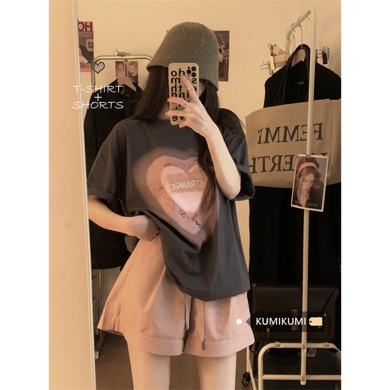 网红时尚短袖短裤运动套装女夏季学生韩版宽松洋气减龄休闲两件套