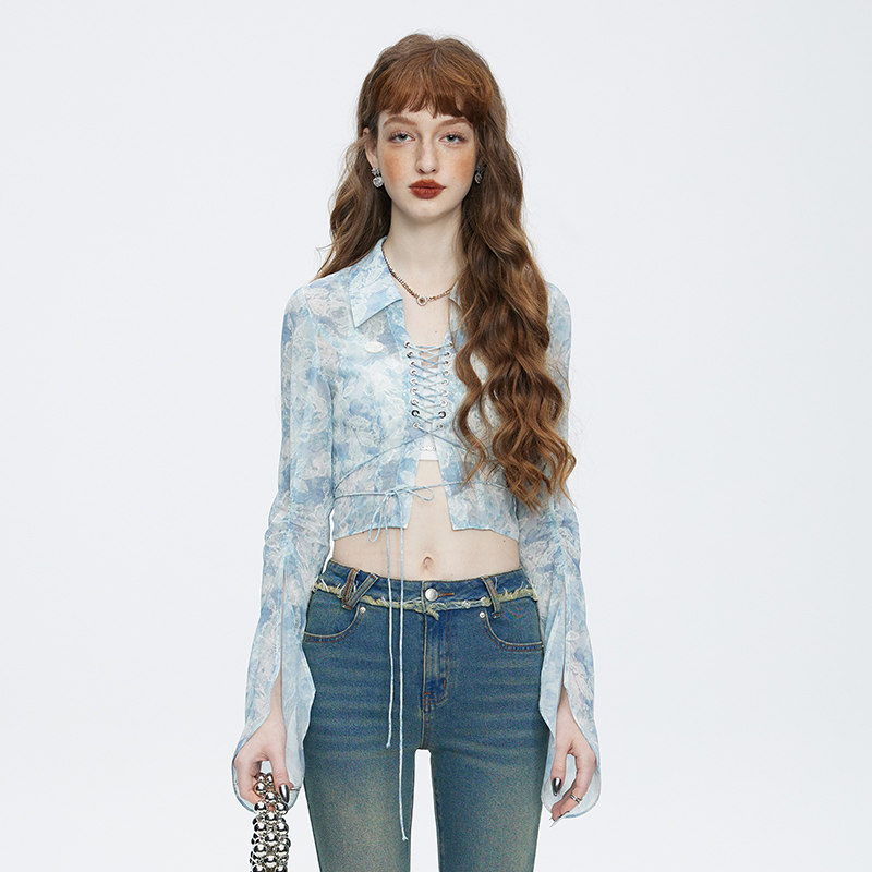 vvok雪纺衬衫女2023春季新款辣妹性感绑带设计感小众扎染长袖上衣